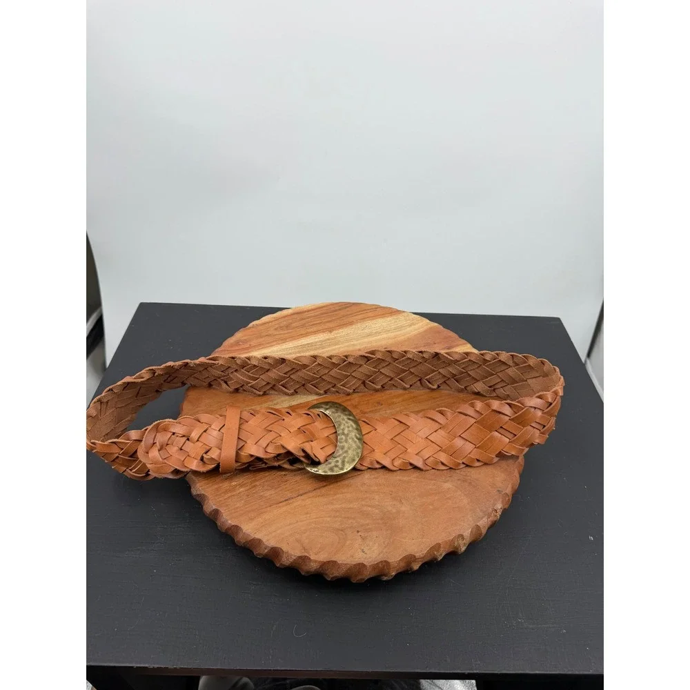 Coldwater Creek Braided Leather Belt Women Large Brown Hammered Crescent Buckle